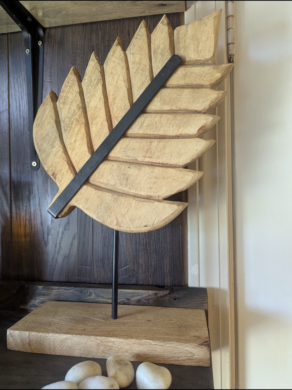 Carved Wooden Leaf Sculpture with Metal Accent - Natural Wood